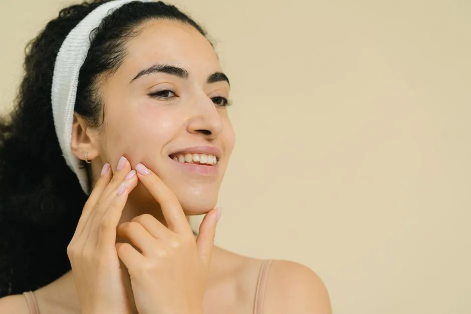 Close-up of a smiling woman applying skin treatment, promoting natural beauty and skincare.
